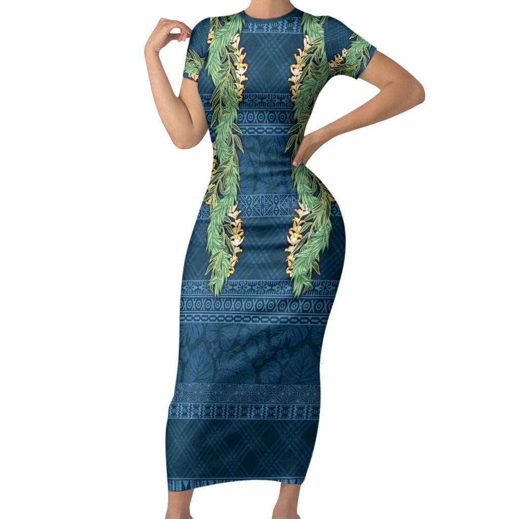 Hawai'i Paniolo Maile Twisted Lei Short Sleeve Bodycon Dress Cobalt Blue LT7 Long Dress Cobalt Blue - Polynesian Pride