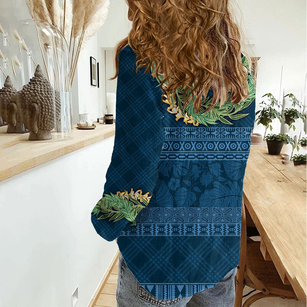 Hawai'i Paniolo Maile Twisted Lei Women Casual Shirt Cobalt Blue LT7 - Polynesian Pride