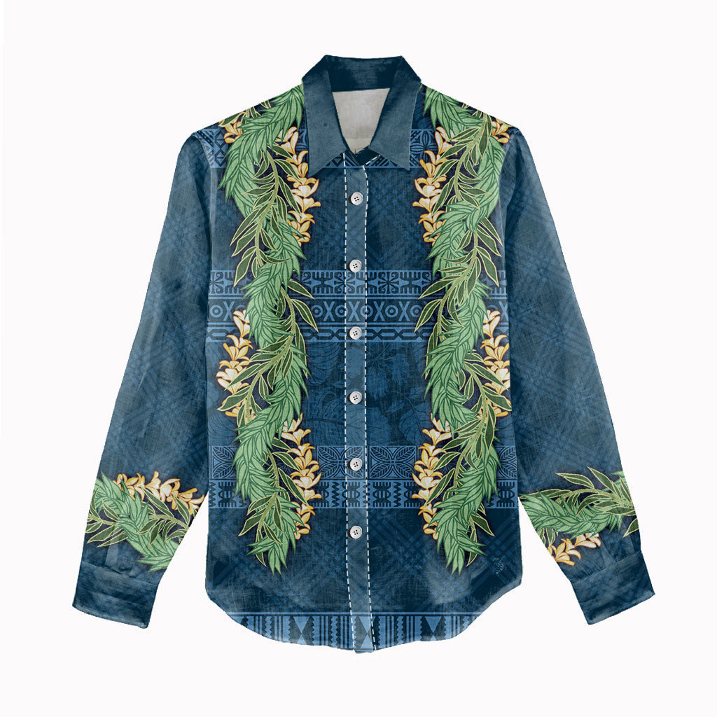 Hawai'i Paniolo Maile Twisted Lei Women Casual Shirt Cobalt Blue LT7 - Polynesian Pride