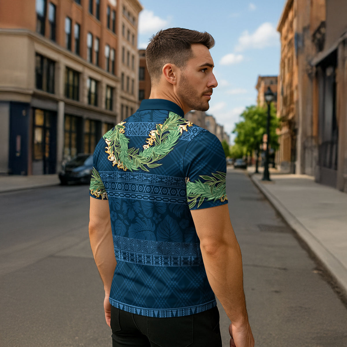Hawai'i Paniolo Maile Twisted Lei Zipper Polo Shirt Cobalt Blue LT7 - Polynesian Pride