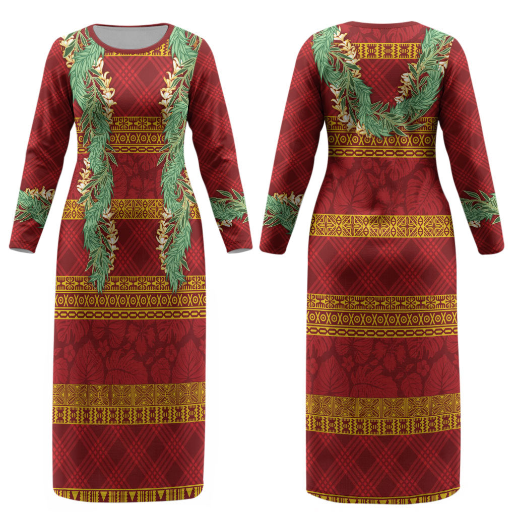 Hawai'i Paniolo Maile Twisted Lei Couples Matching Long Sleeve Bodycon Dress and Hawaiian Shirt Hilo Royal Red LT7 - Polynesian Pride