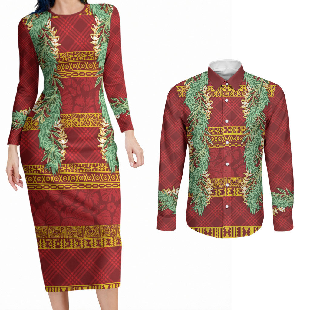 Hawai'i Paniolo Maile Twisted Lei Couples Matching Long Sleeve Bodycon Dress and Long Sleeve Button Shirt Hilo Royal Red LT7 Red - Polynesian Pride