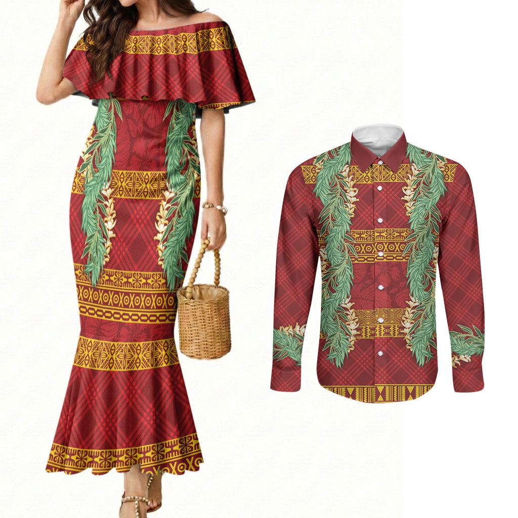 Hawai'i Paniolo Maile Twisted Lei Couples Matching Mermaid Dress and Long Sleeve Button Shirt Hilo Royal Red LT7 Red - Polynesian Pride