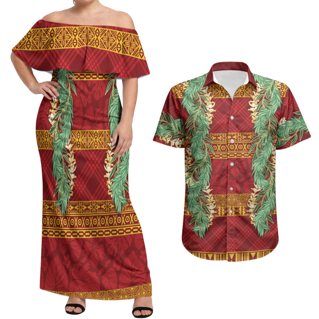 Hawai'i Paniolo Maile Twisted Lei Couples Matching Off Shoulder Maxi Dress and Hawaiian Shirt Hilo Royal Red LT7 Red - Polynesian Pride