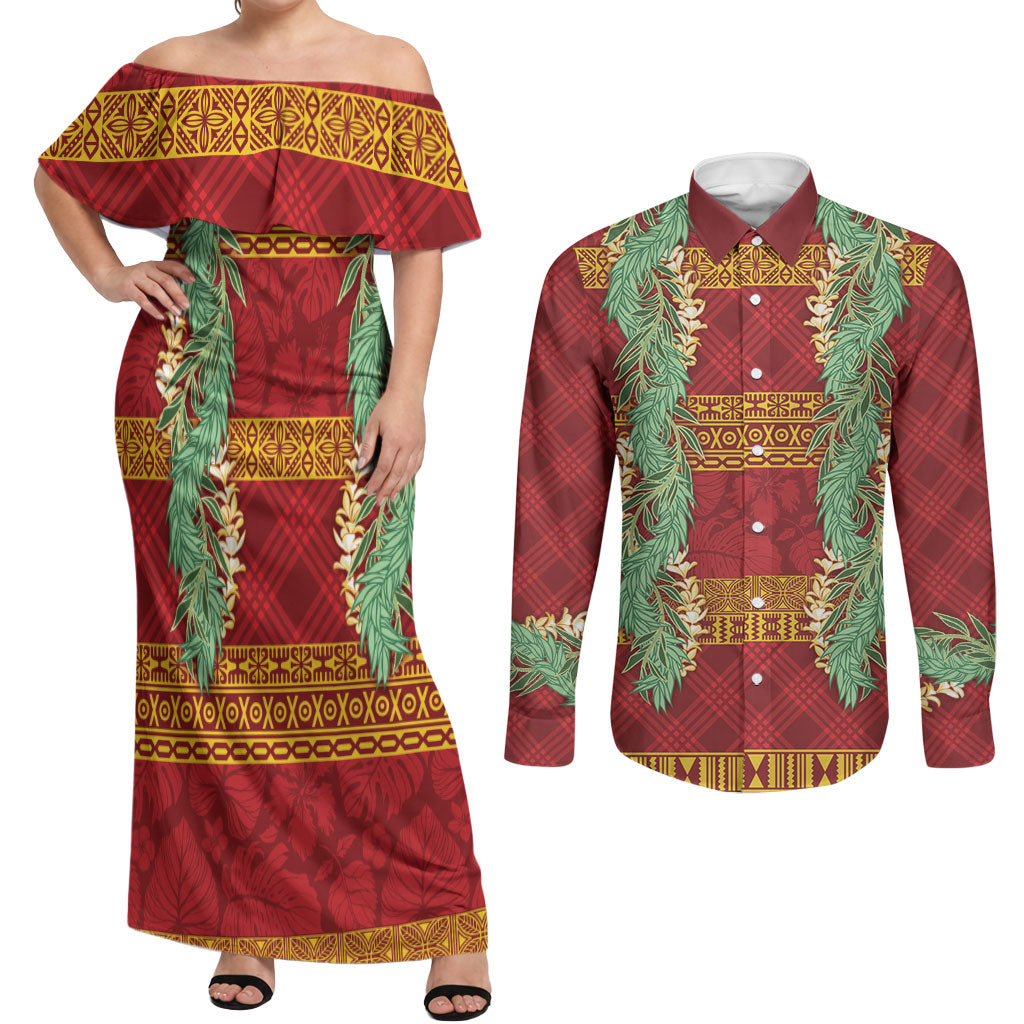 Hawai'i Paniolo Maile Twisted Lei Couples Matching Off Shoulder Maxi Dress and Long Sleeve Button Shirt Hilo Royal Red LT7 Red - Polynesian Pride