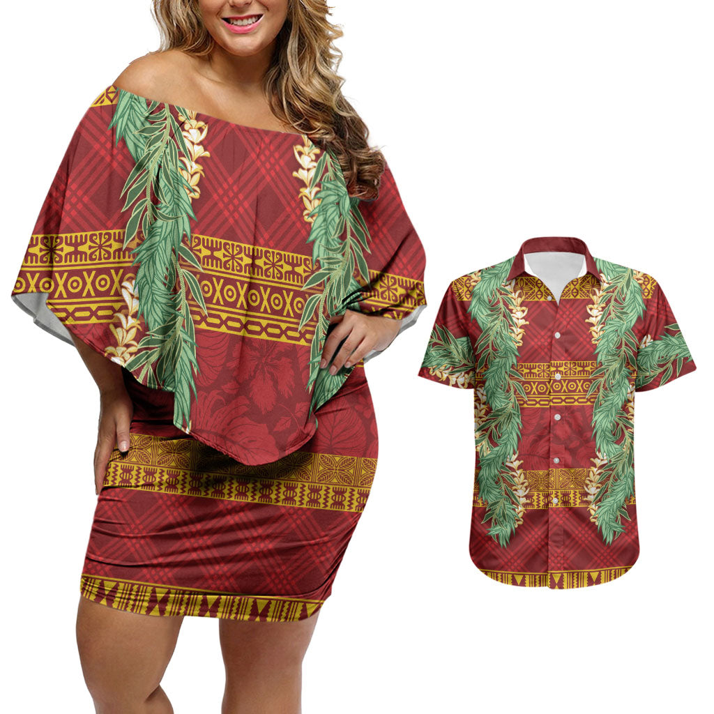 Hawai'i Paniolo Maile Twisted Lei Couples Matching Off Shoulder Short Dress and Hawaiian Shirt Hilo Royal Red LT7 Red - Polynesian Pride