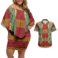 Hawai'i Paniolo Maile Twisted Lei Couples Matching Off Shoulder Short Dress and Hawaiian Shirt Hilo Royal Red LT7 Red - Polynesian Pride