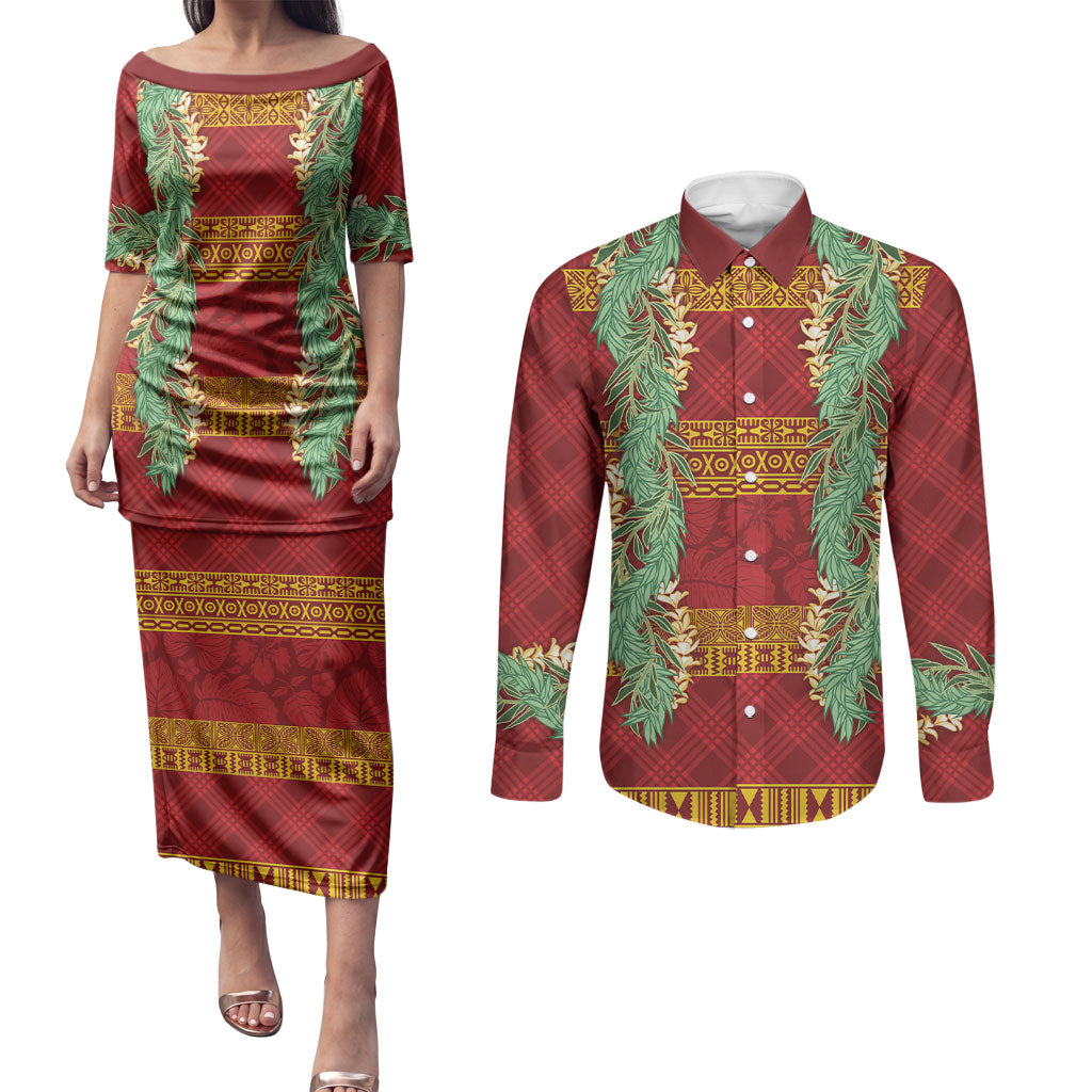 Hawai'i Paniolo Maile Twisted Lei Couples Matching Puletasi and Long Sleeve Button Shirt Hilo Royal Red LT7 Red - Polynesian Pride