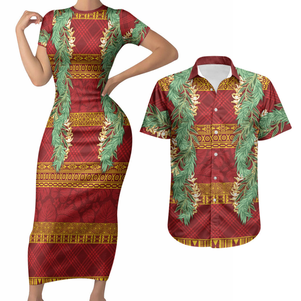 Hawai'i Paniolo Maile Twisted Lei Couples Matching Short Sleeve Bodycon Dress and Hawaiian Shirt Hilo Royal Red LT7 Red - Polynesian Pride