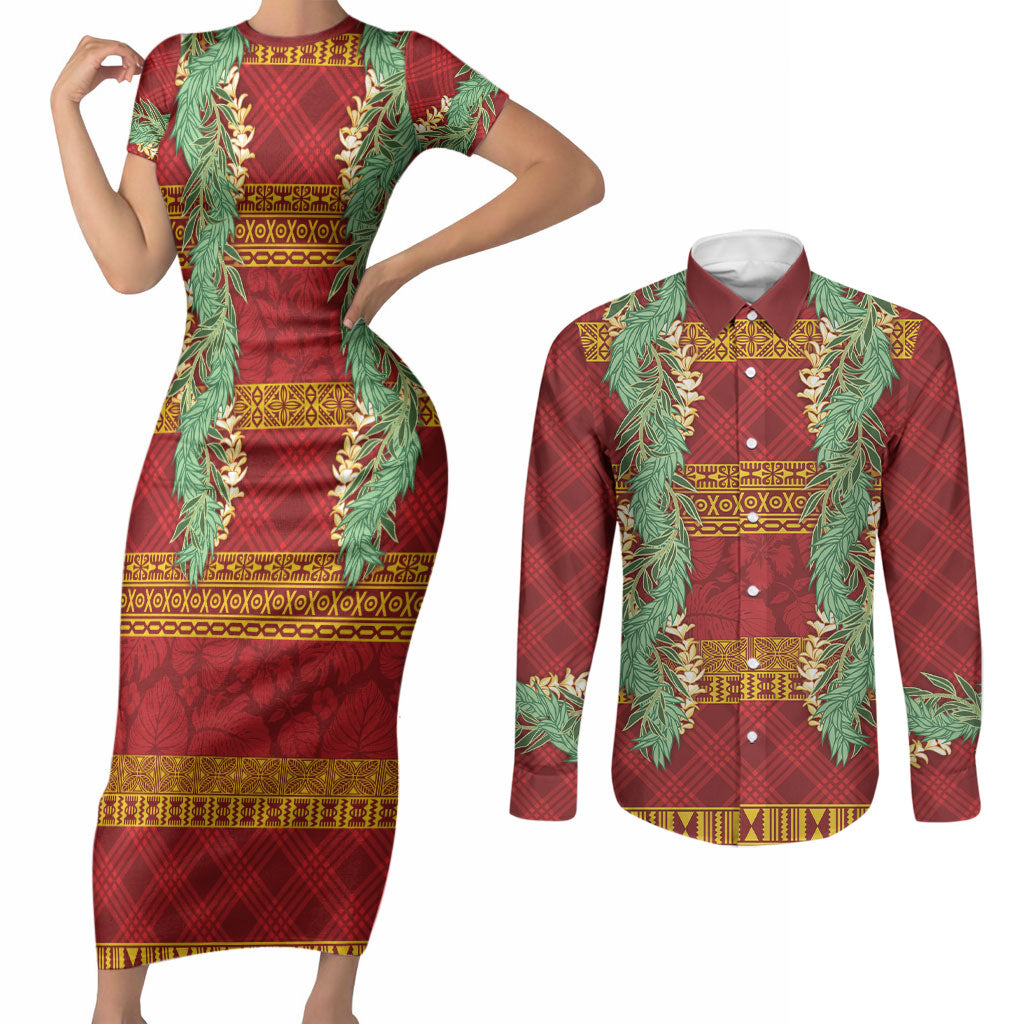 Hawai'i Paniolo Maile Twisted Lei Couples Matching Short Sleeve Bodycon Dress and Long Sleeve Button Shirt Hilo Royal Red LT7 Red - Polynesian Pride