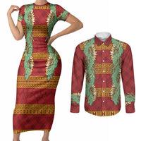 Hawai'i Paniolo Maile Twisted Lei Couples Matching Short Sleeve Bodycon Dress and Long Sleeve Button Shirt Hilo Royal Red LT7 Red - Polynesian Pride