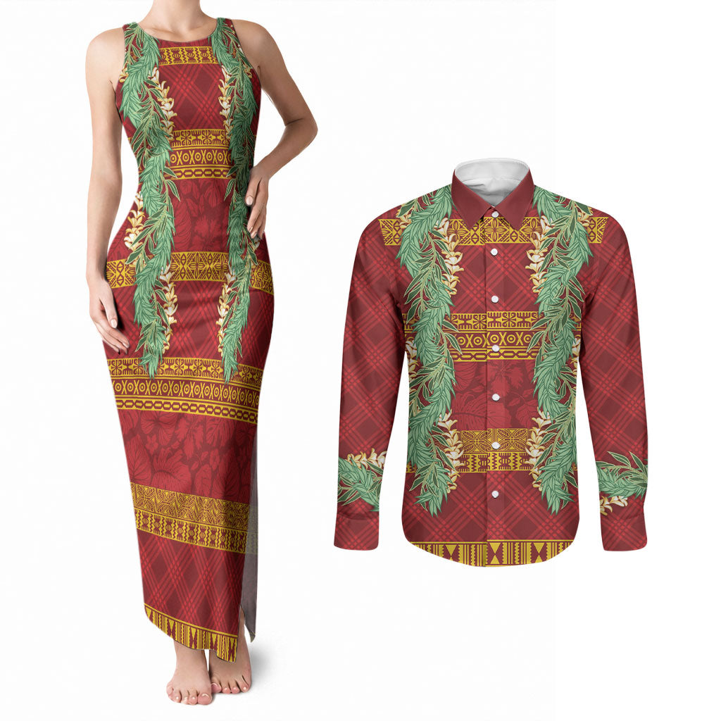 Hawai'i Paniolo Maile Twisted Lei Couples Matching Tank Maxi Dress and Long Sleeve Button Shirt Hilo Royal Red LT7 Red - Polynesian Pride