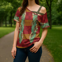 Hawai'i Paniolo Maile Twisted Lei Cross Shoulder Shirt Hilo Royal Red LT7 - Polynesian Pride