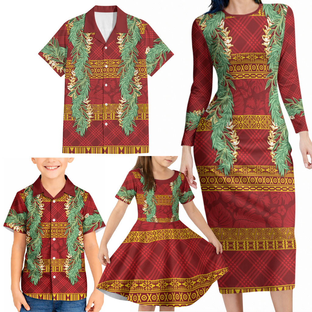 Hawai'i Paniolo Maile Twisted Lei Family Matching Long Sleeve Bodycon Dress and Hawaiian Shirt Hilo Royal Red LT7 - Polynesian Pride