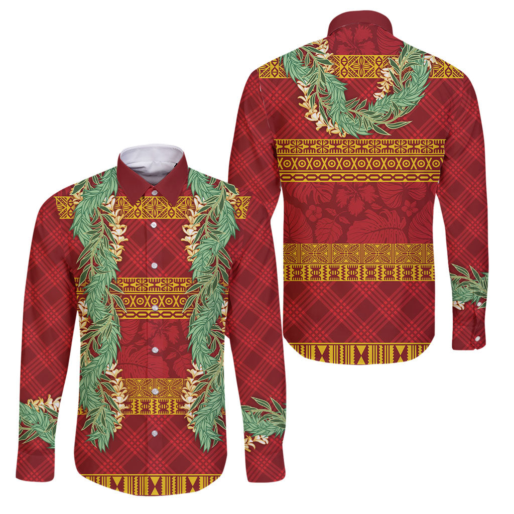 Hawai'i Paniolo Maile Twisted Lei Family Matching Mermaid Dress and Hawaiian Shirt Hilo Royal Red LT7 Dad's Shirt - Long Sleeve Red - Polynesian Pride