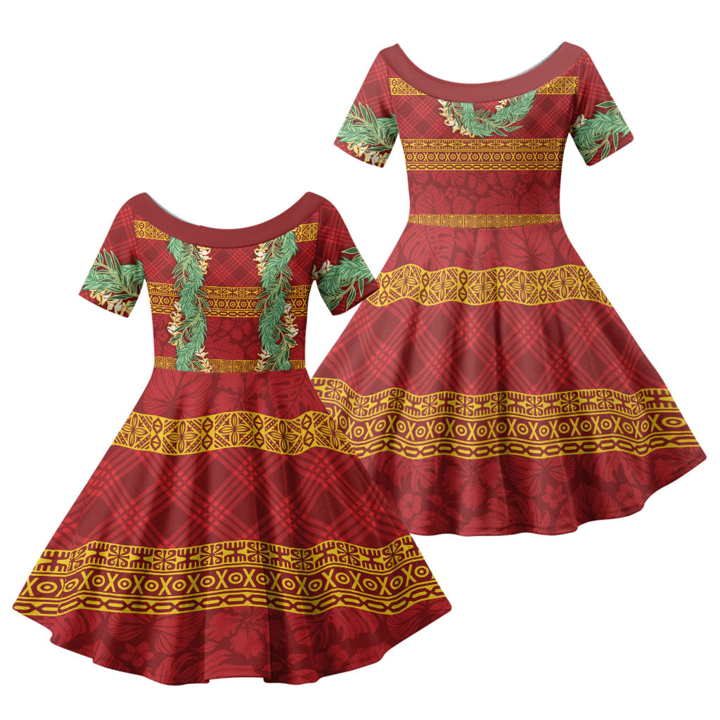Hawai'i Paniolo Maile Twisted Lei Family Matching Mermaid Dress and Hawaiian Shirt Hilo Royal Red LT7 Daughter's Dress Red - Polynesian Pride