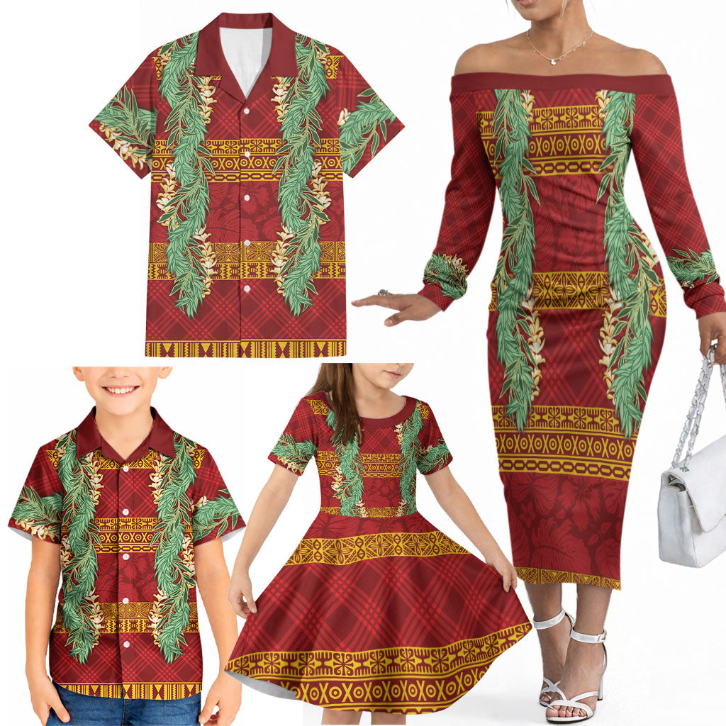 Hawai'i Paniolo Maile Twisted Lei Family Matching Off The Shoulder Long Sleeve Dress and Hawaiian Shirt Hilo Royal Red LT7 - Polynesian Pride