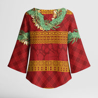 Hawai'i Paniolo Maile Twisted Lei Kimono Sleeve Blouse Hilo Royal Red LT7 - Polynesian Pride