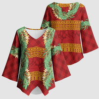 Hawai'i Paniolo Maile Twisted Lei Kimono Sleeve Blouse Hilo Royal Red LT7 - Polynesian Pride