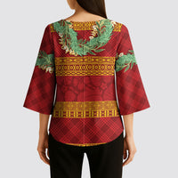 Hawai'i Paniolo Maile Twisted Lei Kimono Sleeve Blouse Hilo Royal Red LT7 - Polynesian Pride