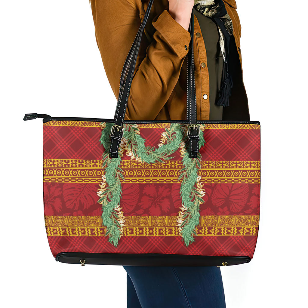 Hawai'i Paniolo Maile Twisted Lei Leather Tote Bag Hilo Royal Red LT7 - Polynesian Pride