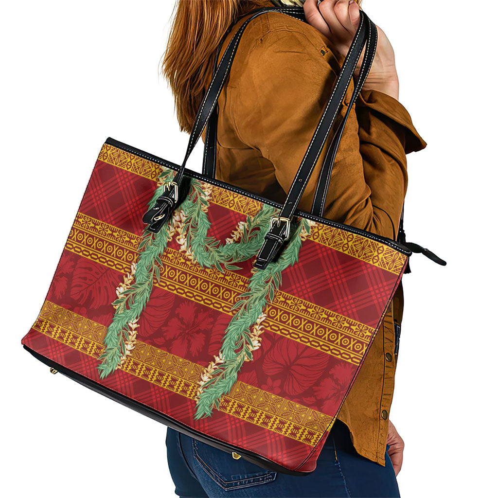 Hawai'i Paniolo Maile Twisted Lei Leather Tote Bag Hilo Royal Red LT7 - Polynesian Pride
