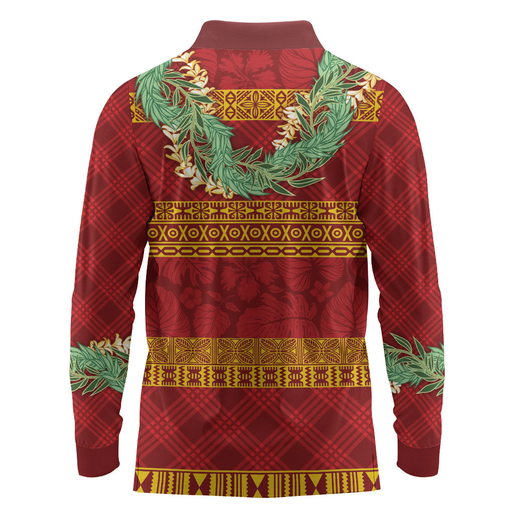 Hawai'i Paniolo Maile Twisted Lei Long Sleeve Polo Shirt Hilo Royal Red LT7 - Polynesian Pride