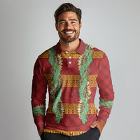 Hawai'i Paniolo Maile Twisted Lei Long Sleeve Polo Shirt Hilo Royal Red LT7 - Polynesian Pride