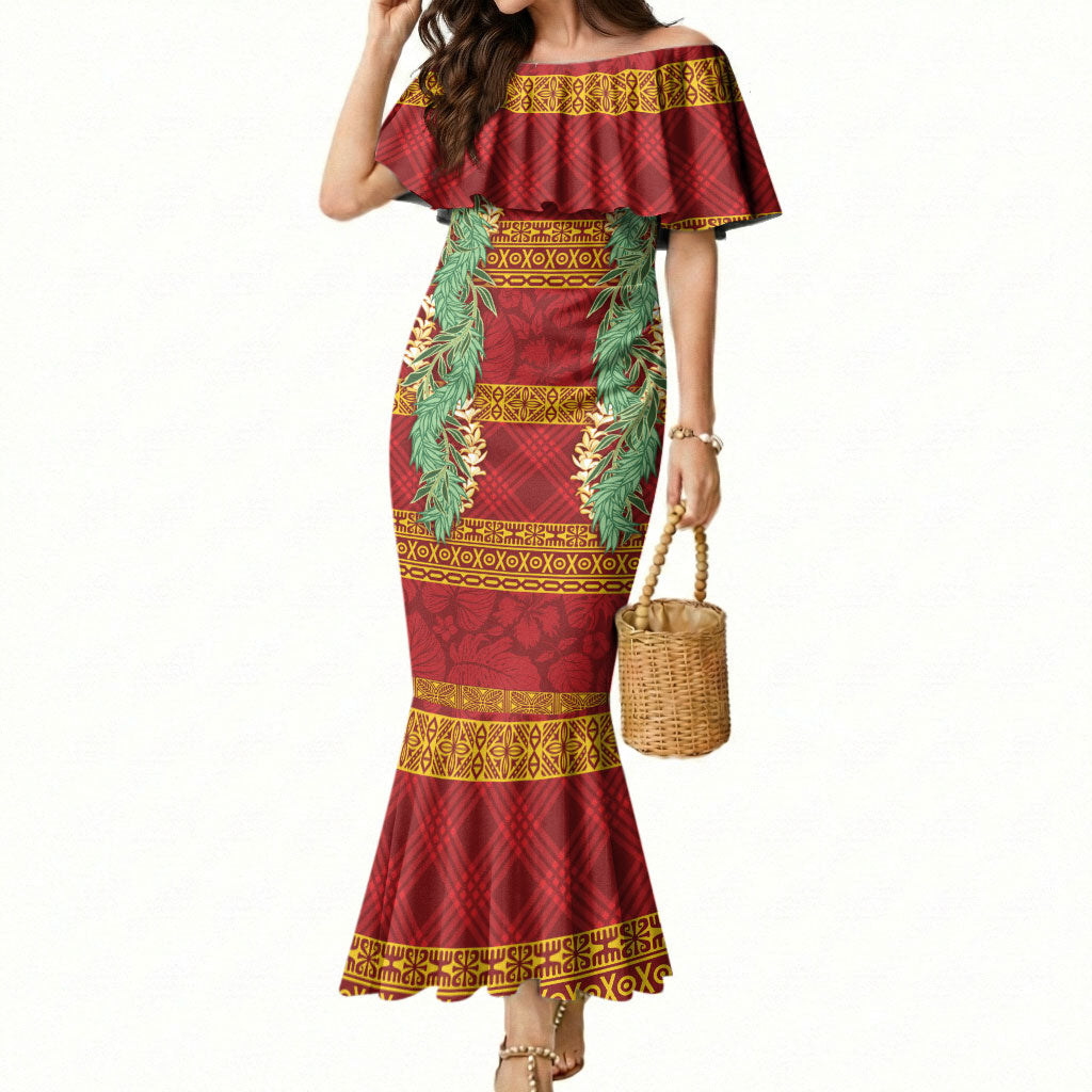 Hawai'i Paniolo Maile Twisted Lei Mermaid Dress Hilo Royal Red LT7 Women Red - Polynesian Pride