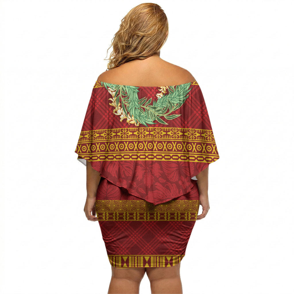 Hawai'i Paniolo Maile Twisted Lei Off Shoulder Short Dress Hilo Royal Red LT7 - Polynesian Pride