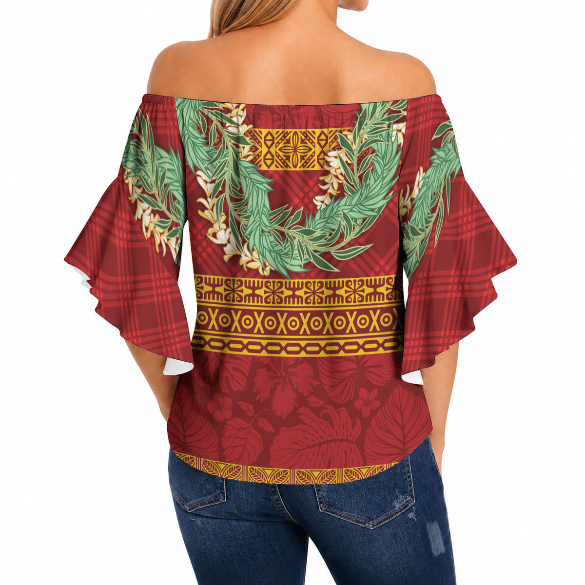 Hawai'i Paniolo Maile Twisted Lei Off Shoulder Wrap Waist Top Hilo Royal Red LT7 - Polynesian Pride