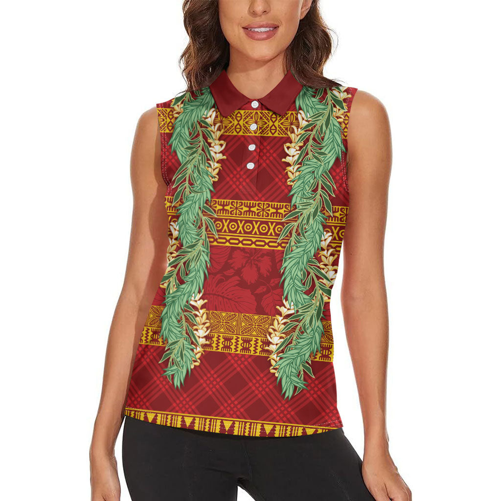 Hawai'i Paniolo Maile Twisted Lei Women Sleeveless Polo Shirt Hilo Royal Red LT7 - Polynesian Pride