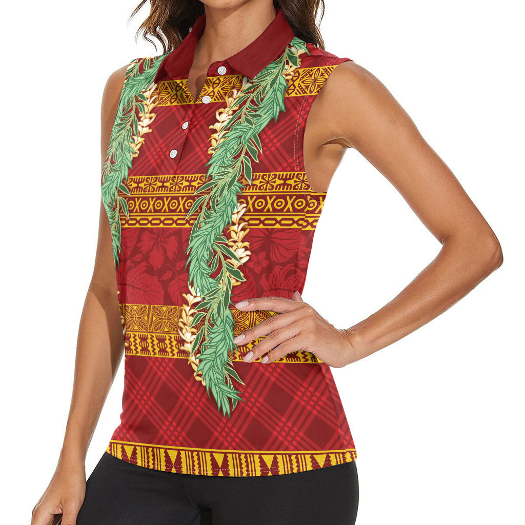 Hawai'i Paniolo Maile Twisted Lei Women Sleeveless Polo Shirt Hilo Royal Red LT7 - Polynesian Pride