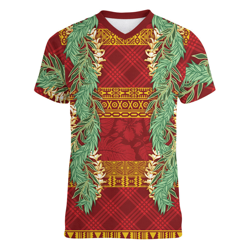 Hawai'i Paniolo Maile Twisted Lei Women V-Neck T-Shirt Hilo Royal Red
