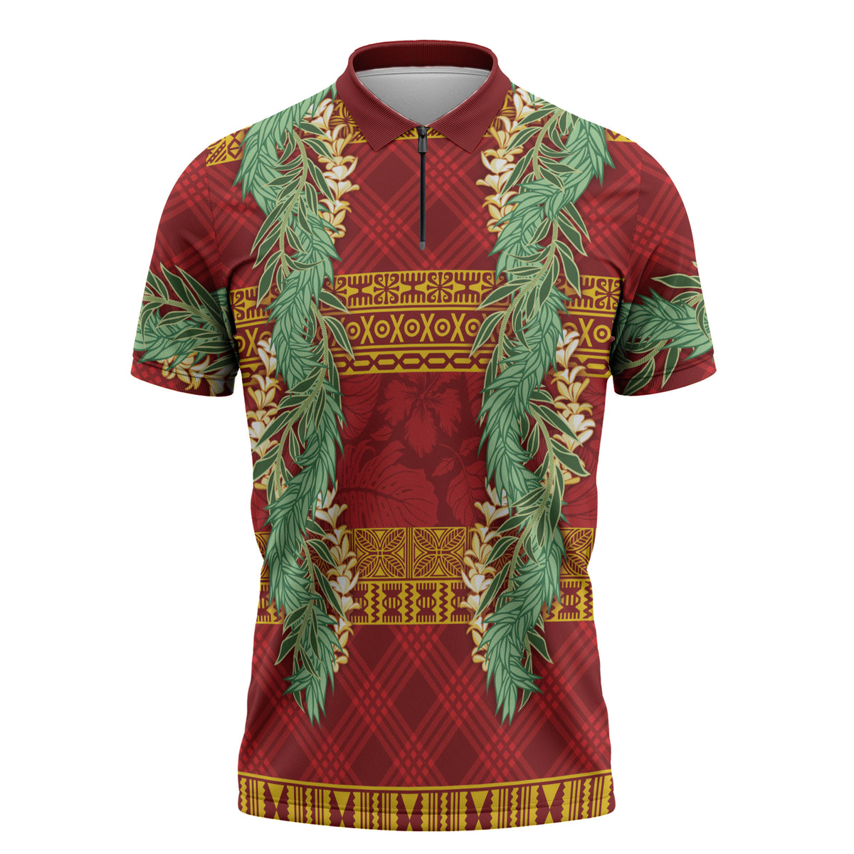 Hawai'i Paniolo Maile Twisted Lei Zipper Polo Shirt Hilo Royal Red LT7 Red - Polynesian Pride