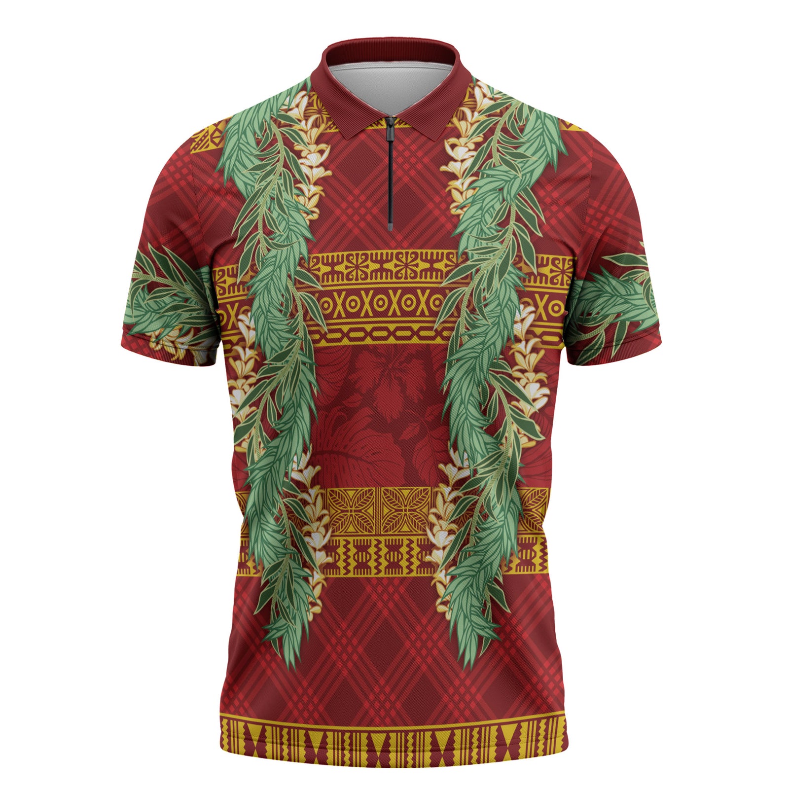 Hawai'i Paniolo Maile Twisted Lei Zipper Polo Shirt Hilo Royal Red