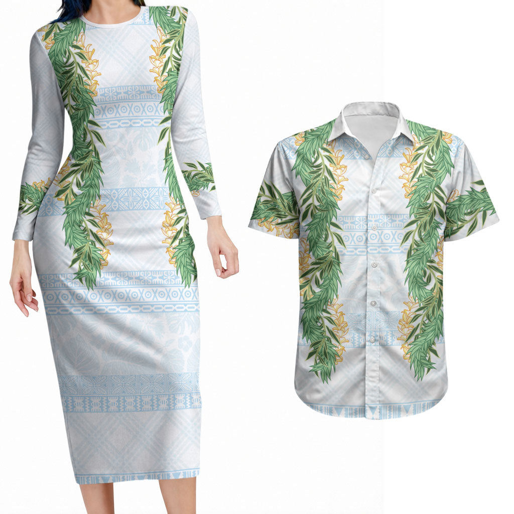 Hawai'i Paniolo Maile Twisted Lei Couples Matching Long Sleeve Bodycon Dress and Hawaiian Shirt Winter White LT7 White - Polynesian Pride