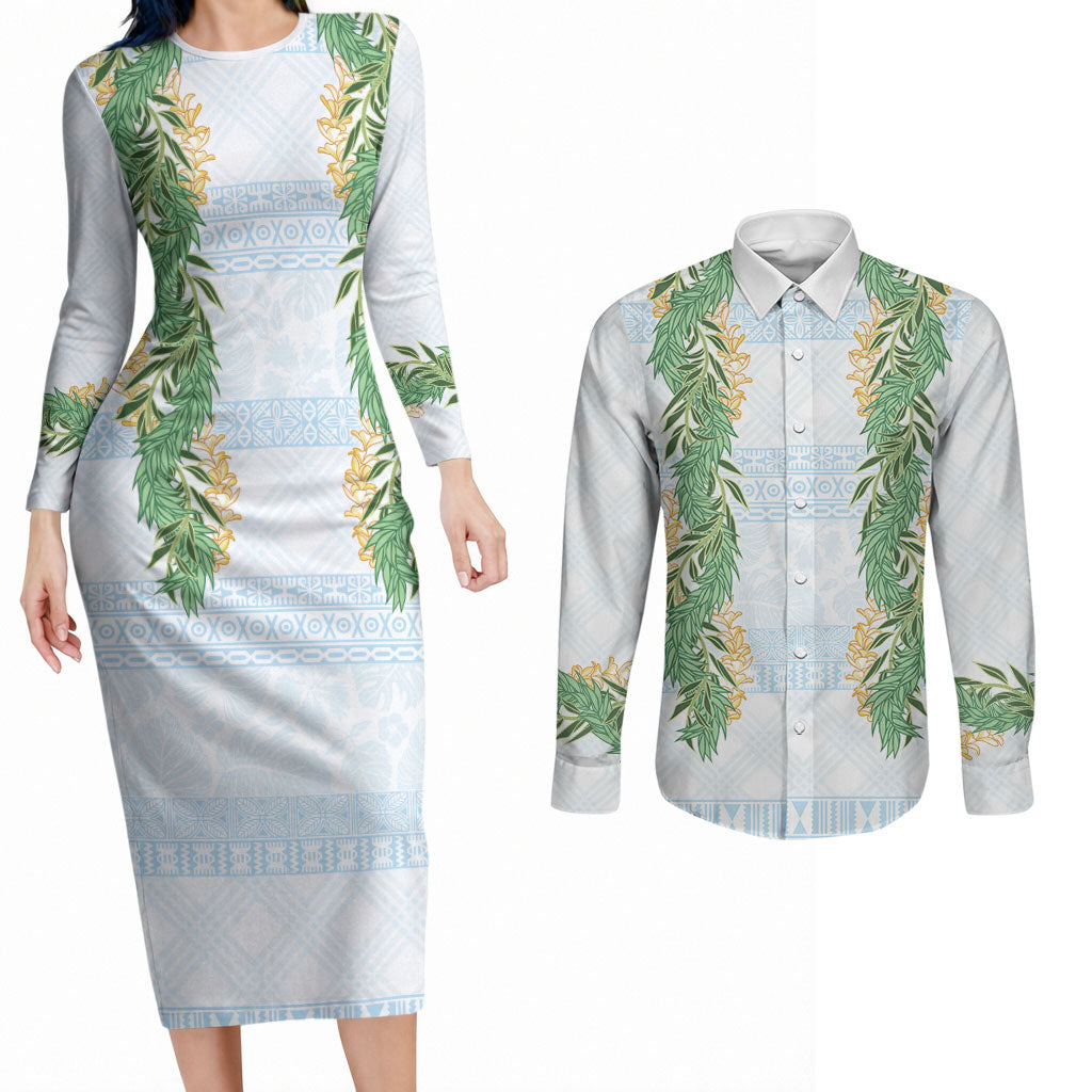 Hawai'i Paniolo Maile Twisted Lei Couples Matching Long Sleeve Bodycon Dress and Long Sleeve Button Shirt Winter White LT7 White - Polynesian Pride