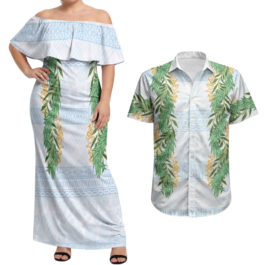 Hawai'i Paniolo Maile Twisted Lei Couples Matching Off Shoulder Maxi Dress and Hawaiian Shirt Winter White LT7 White - Polynesian Pride