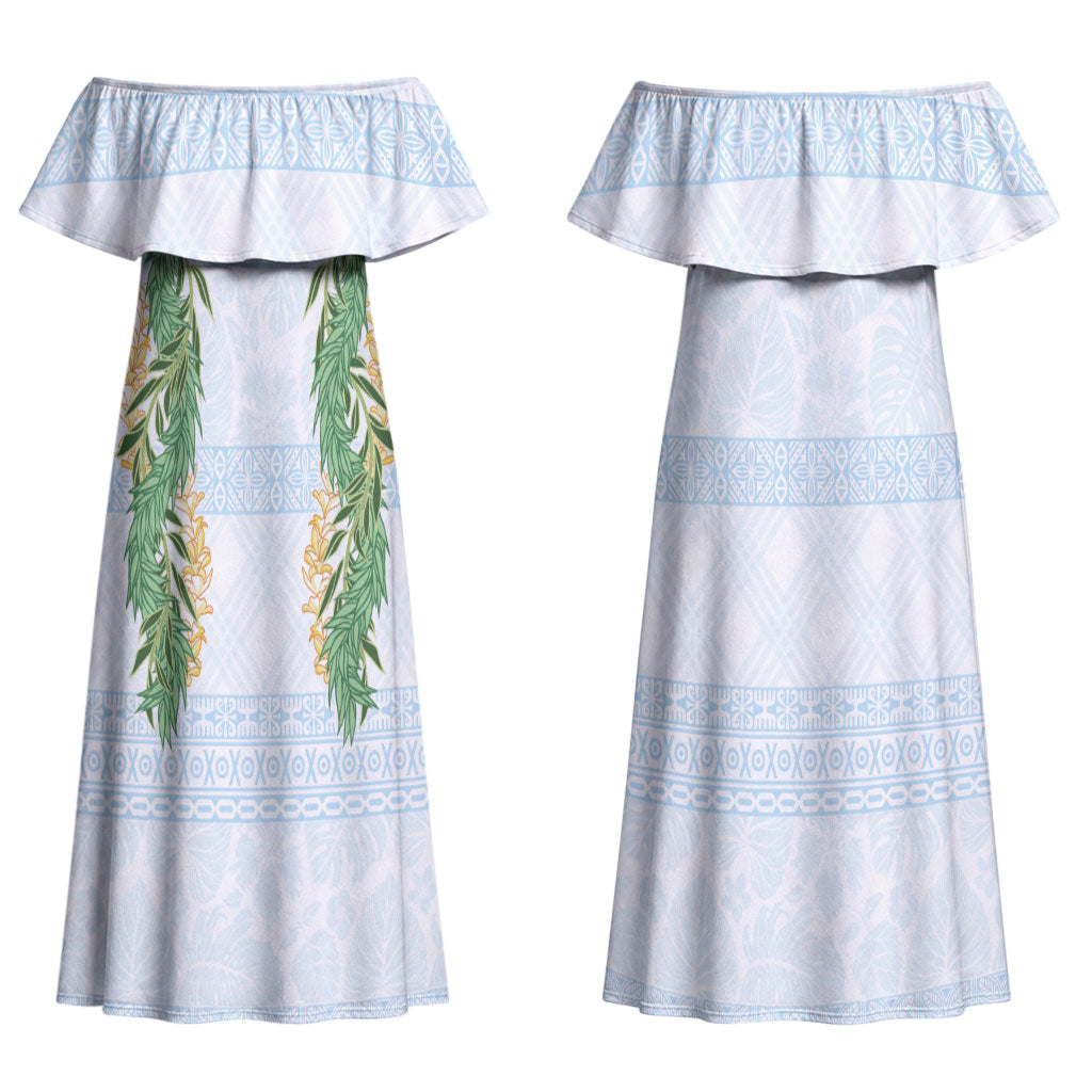 Hawai'i Paniolo Maile Twisted Lei Couples Matching Off Shoulder Maxi Dress and Hawaiian Shirt Winter White LT7 - Polynesian Pride