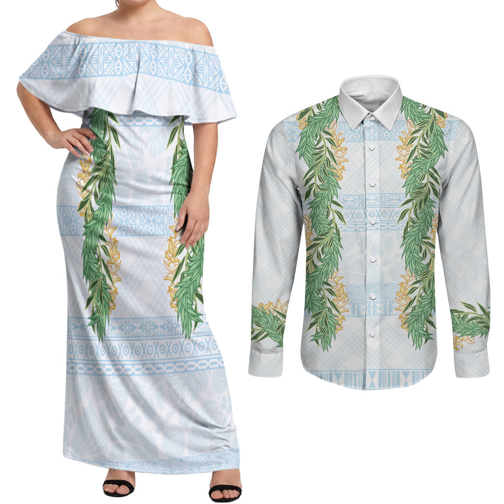Hawai'i Paniolo Maile Twisted Lei Couples Matching Off Shoulder Maxi Dress and Long Sleeve Button Shirt Winter White LT7 White - Polynesian Pride