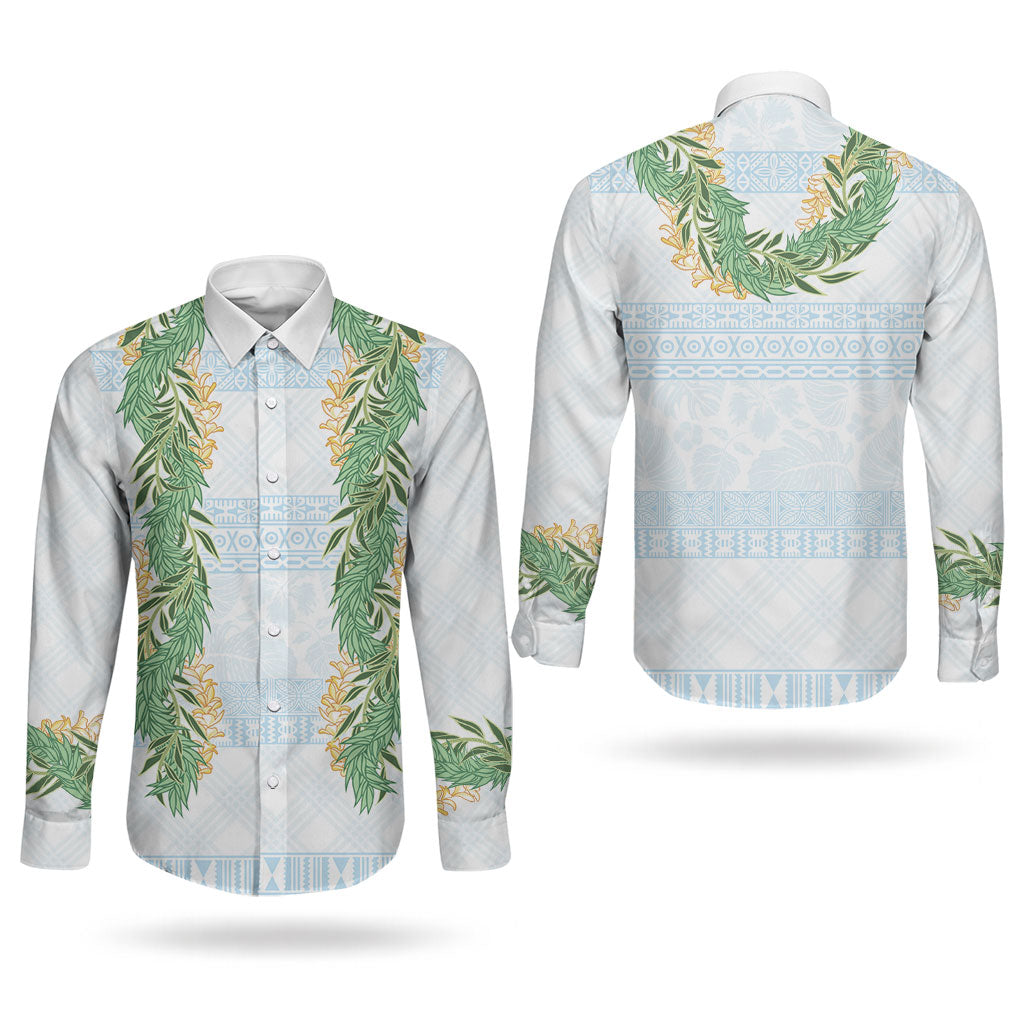Hawai'i Paniolo Maile Twisted Lei Couples Matching Puletasi and Long Sleeve Button Shirt Winter White LT7 - Polynesian Pride