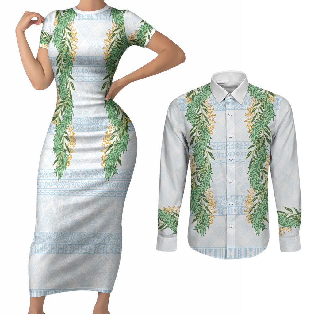 Hawai'i Paniolo Maile Twisted Lei Couples Matching Short Sleeve Bodycon Dress and Long Sleeve Button Shirt Winter White LT7 White - Polynesian Pride