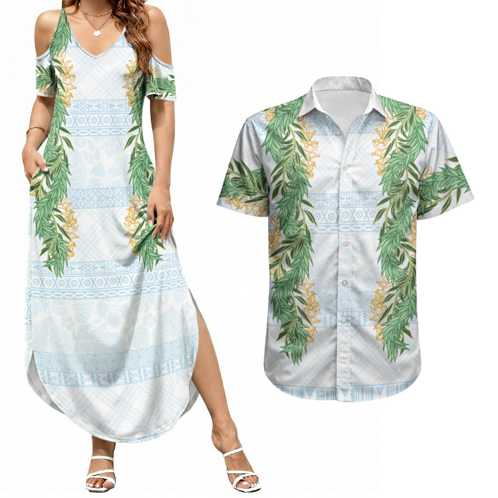 Hawai'i Paniolo Maile Twisted Lei Couples Matching Summer Maxi Dress and Hawaiian Shirt Winter White LT7 White - Polynesian Pride