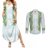 Hawai'i Paniolo Maile Twisted Lei Couples Matching Summer Maxi Dress and Long Sleeve Button Shirt Winter White LT7 White - Polynesian Pride