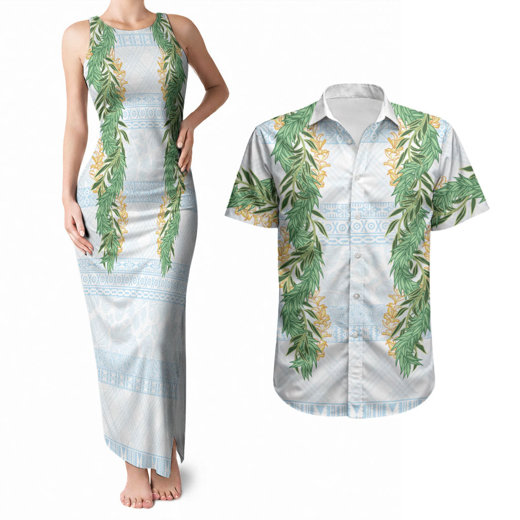 Hawai'i Paniolo Maile Twisted Lei Couples Matching Tank Maxi Dress and Hawaiian Shirt Winter White LT7 White - Polynesian Pride