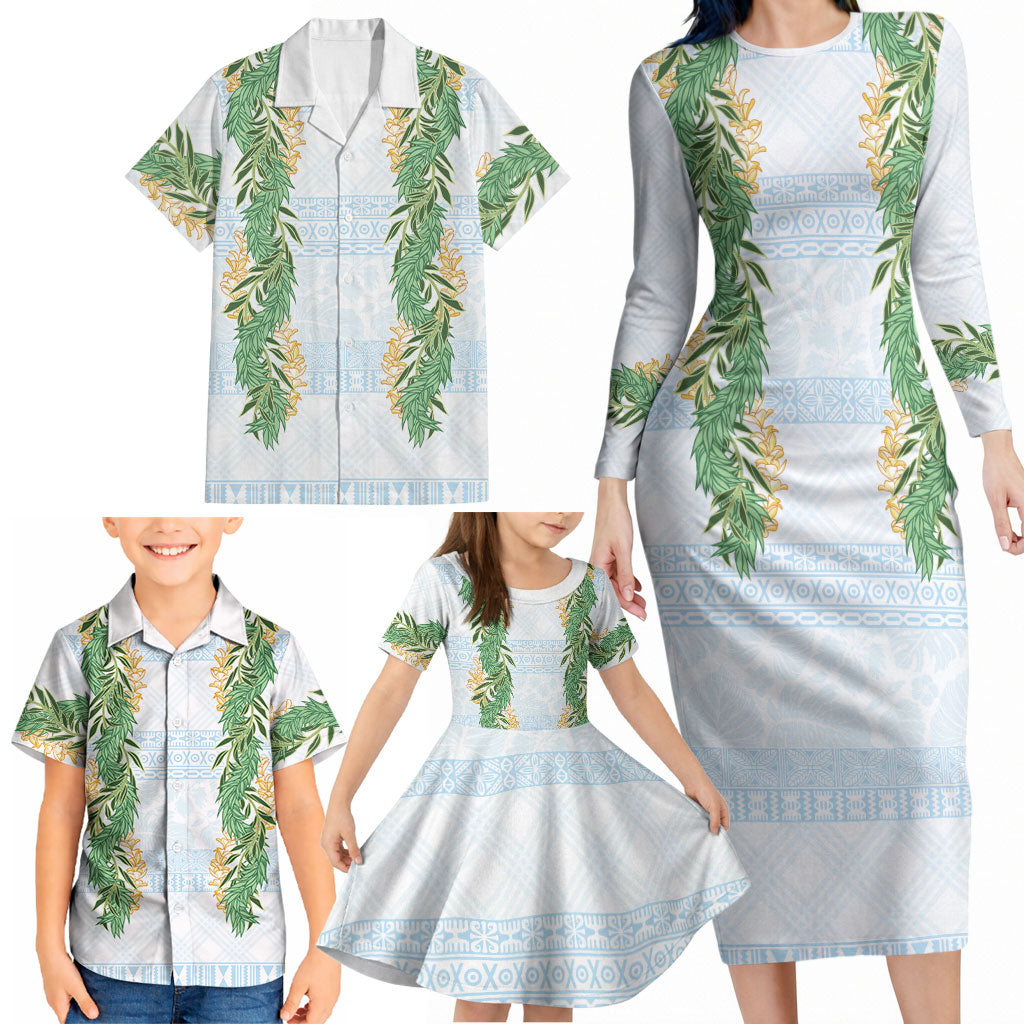 Hawai'i Paniolo Maile Twisted Lei Family Matching Long Sleeve Bodycon Dress and Hawaiian Shirt Winter White LT7 - Polynesian Pride