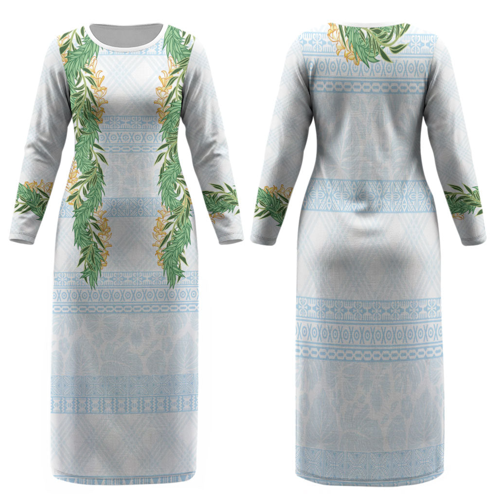 Hawai'i Paniolo Maile Twisted Lei Family Matching Long Sleeve Bodycon Dress and Hawaiian Shirt Winter White LT7 Mom's Dress White - Polynesian Pride