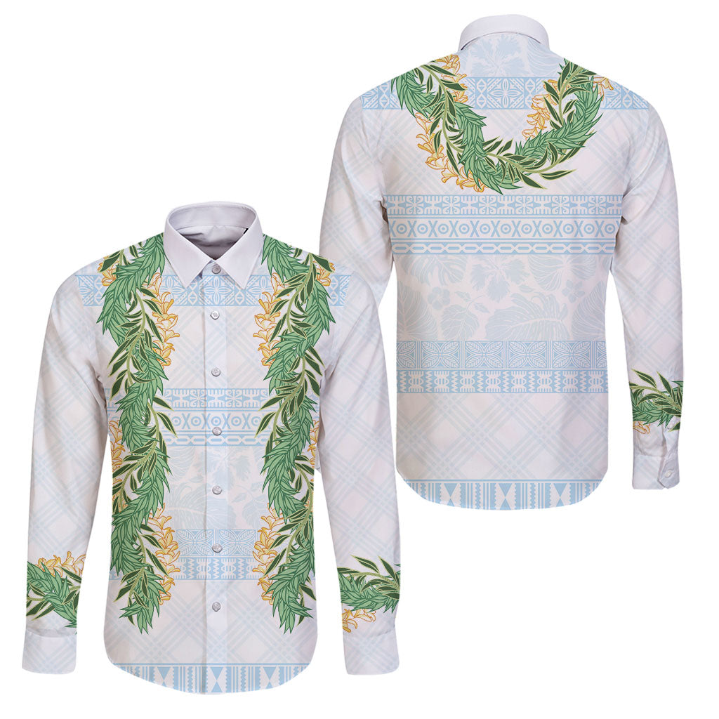 Hawai'i Paniolo Maile Twisted Lei Family Matching Off The Shoulder Long Sleeve Dress and Hawaiian Shirt Winter White LT7 Dad's Shirt - Long Sleeve White - Polynesian Pride