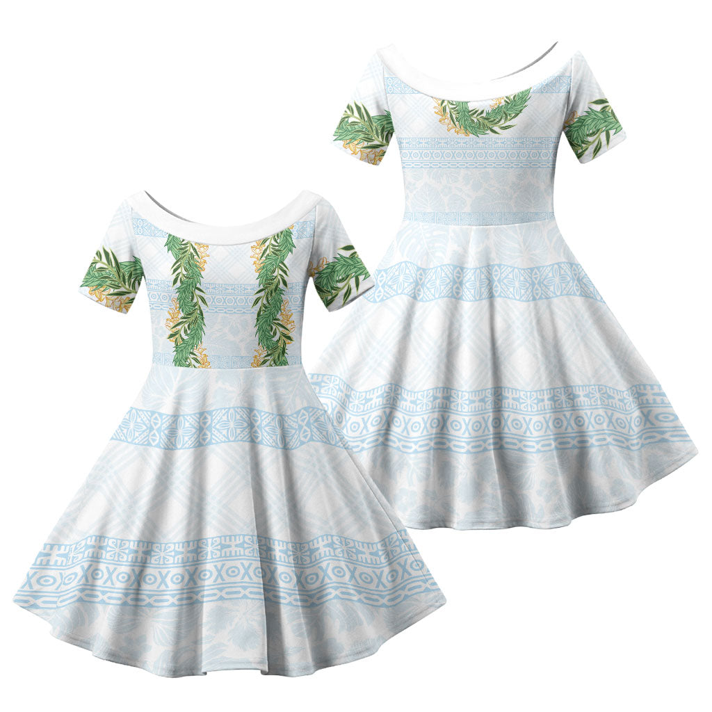 Hawai'i Paniolo Maile Twisted Lei Family Matching Off The Shoulder Long Sleeve Dress and Hawaiian Shirt Winter White LT7 Daughter's Dress White - Polynesian Pride